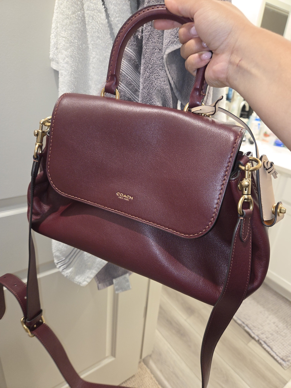 Coach Burgundy Leather Top-Handle Satchel with Gold Hardware